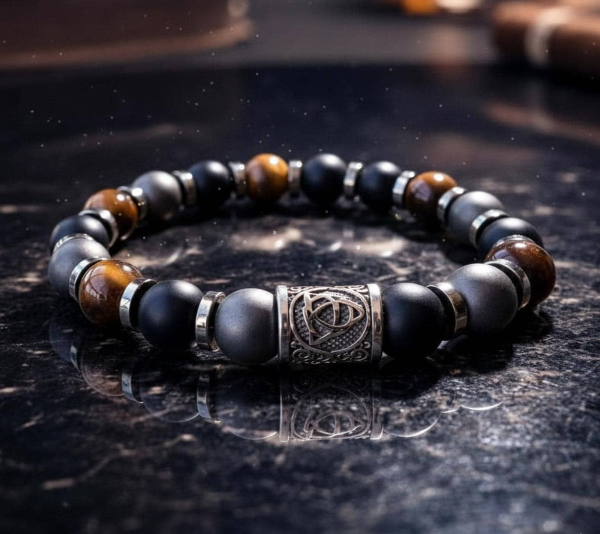 Men’s Tiger Eye, Black Onyx & Hematite Stretch Beaded Bracelet – Celtic Trinity Knot