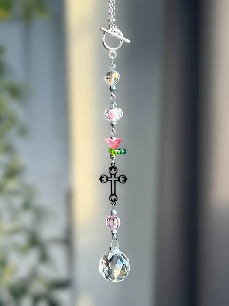 Pink Crystal Cross Car Charm, Faith Suncatcher Ornament Decor