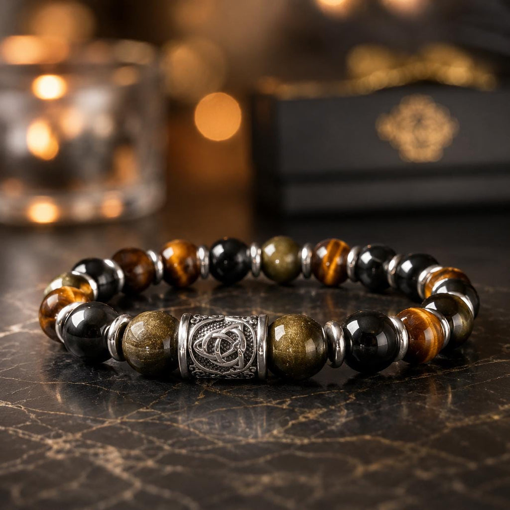 Men’s Golden Sheen Obsidian & Tiger’s Eye Bracelet – 10mm Beads with Celtic Knot