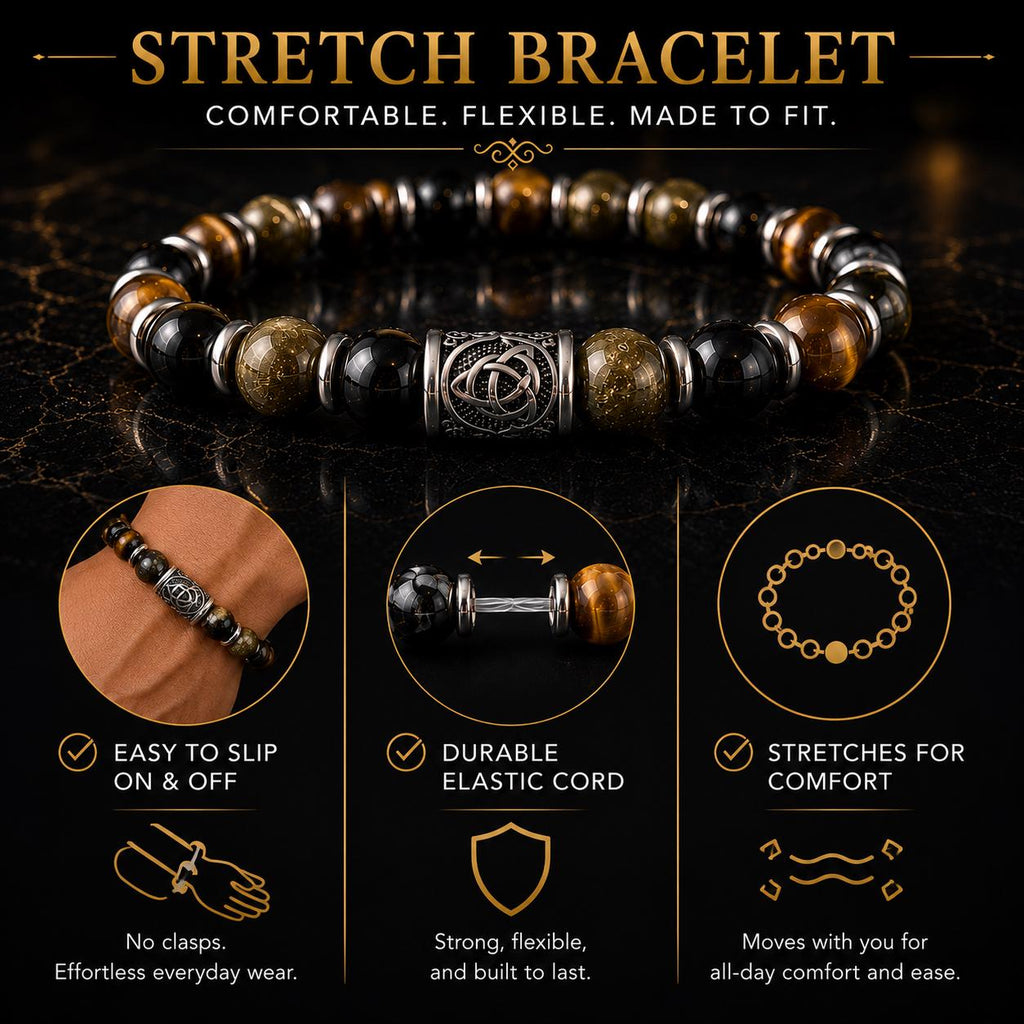Men’s Golden Sheen Obsidian & Tiger’s Eye Bracelet – 10mm Beads with Celtic Knot