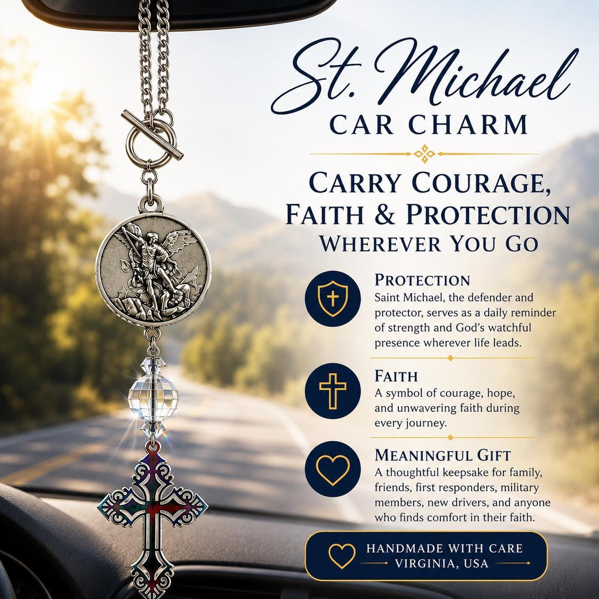 St. Michael Car Charm | Christian Rearview Mirror Protection Gift
