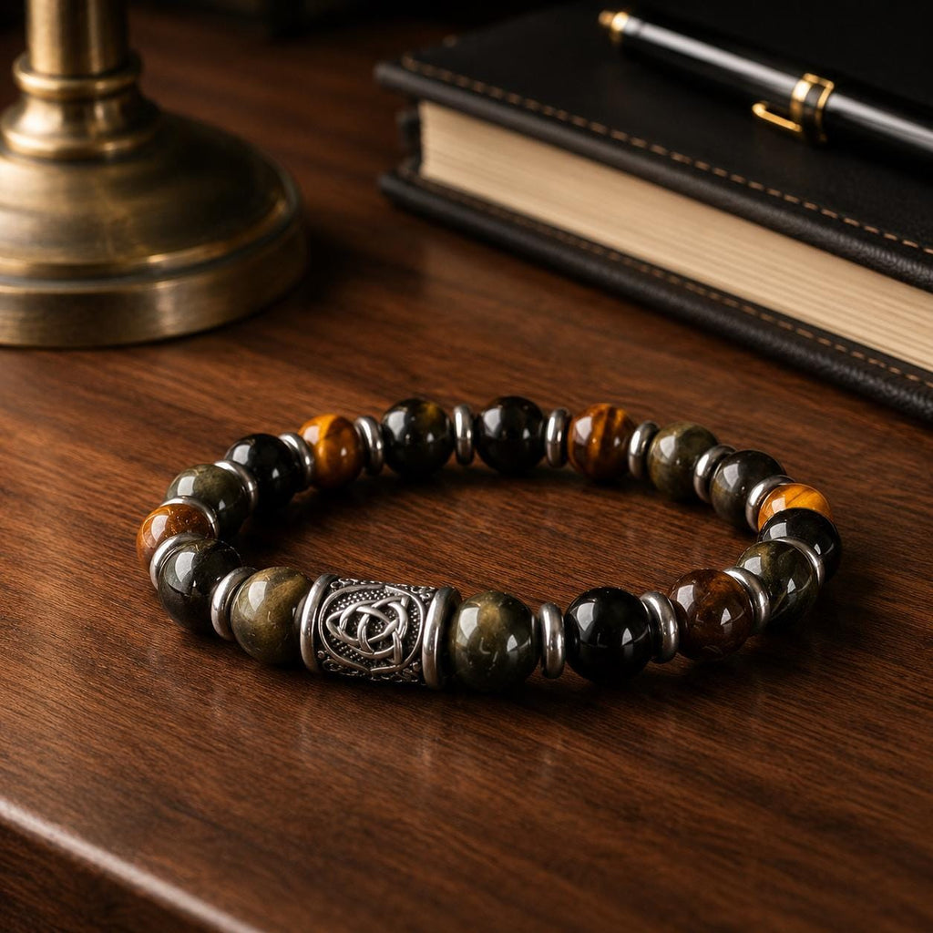 Men’s Golden Sheen Obsidian & Tiger’s Eye Bracelet – 10mm Beads with Celtic Knot