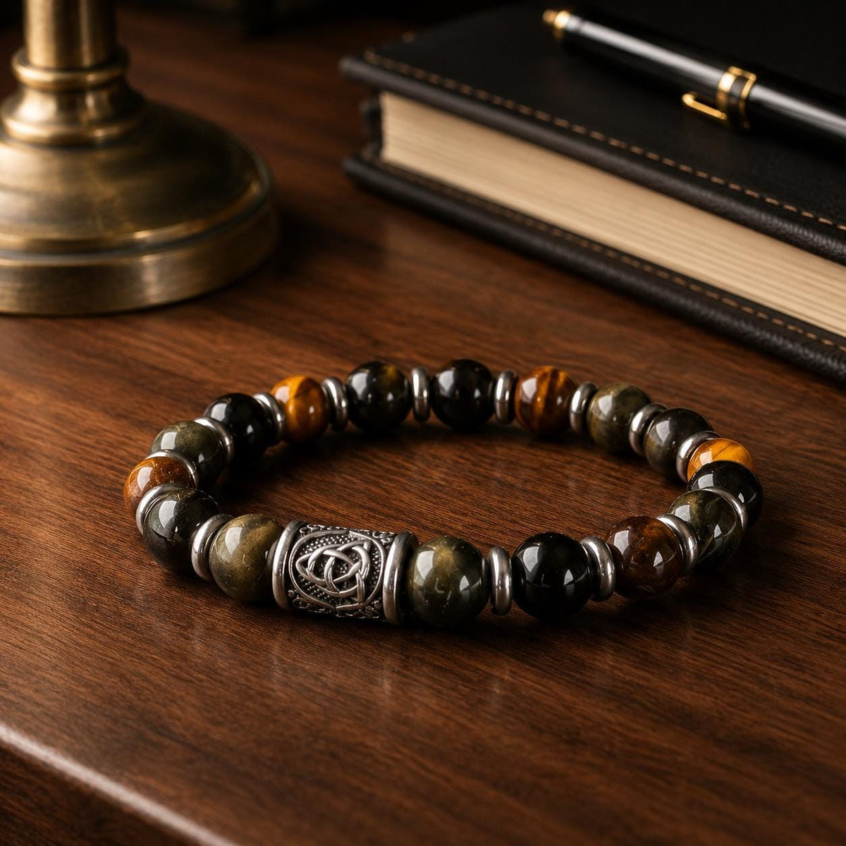 Men’s Golden Sheen Obsidian & Tiger’s Eye Bracelet – 10mm Beads with Celtic Knot