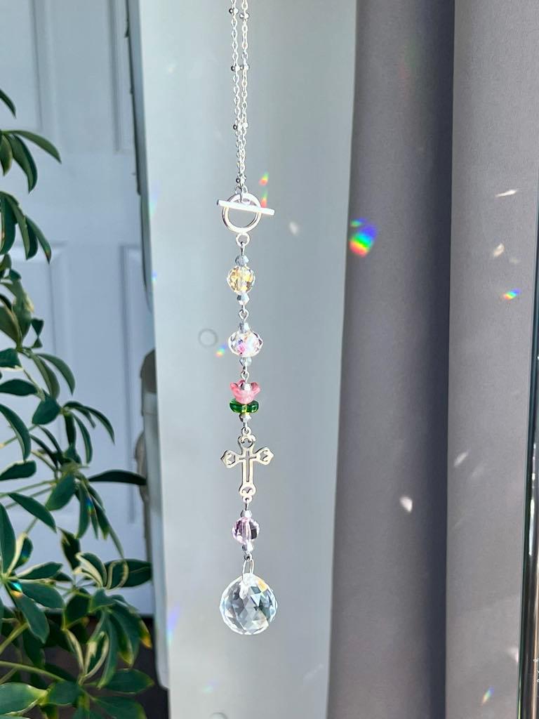 Pink Crystal Cross Car Charm, Faith Suncatcher Ornament Decor