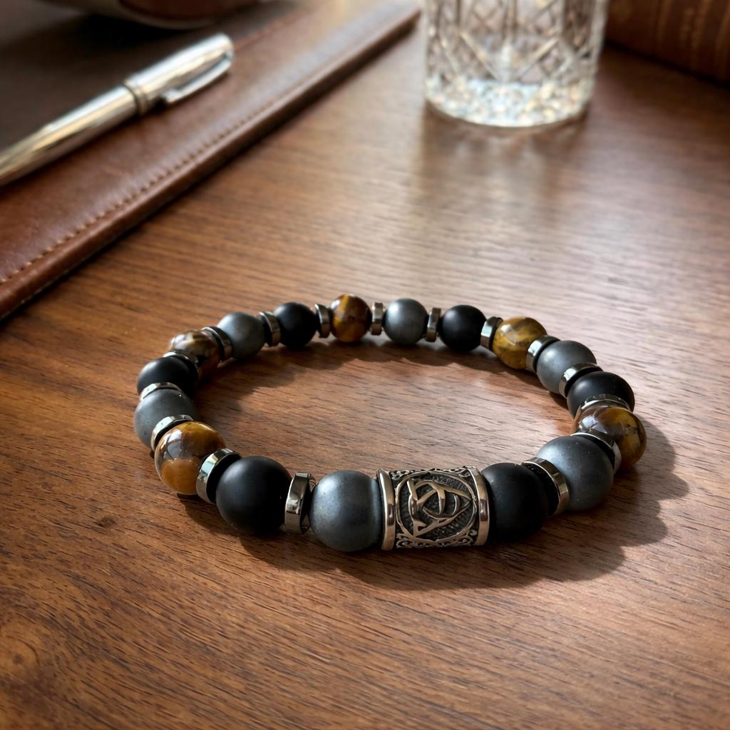 Men’s Tiger Eye, Black Onyx & Hematite Stretch Beaded Bracelet – Celtic Trinity Knot