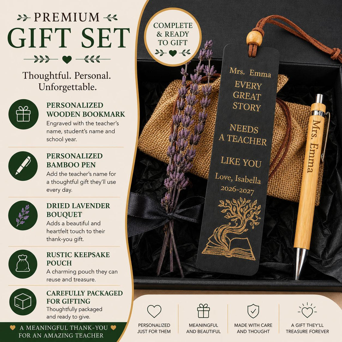 Personalized Teacher Bookmark & Engraved Pen Gift Set | Teacher Appreciation Gift