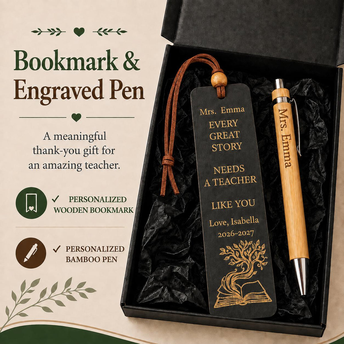 Personalized Teacher Bookmark & Engraved Pen Gift Set | Teacher Appreciation Gift