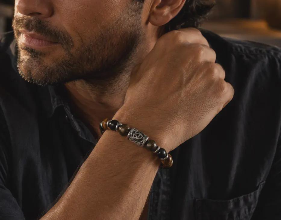 Men’s Golden Sheen Obsidian & Tiger’s Eye Bracelet – 10mm Beads with Celtic Knot