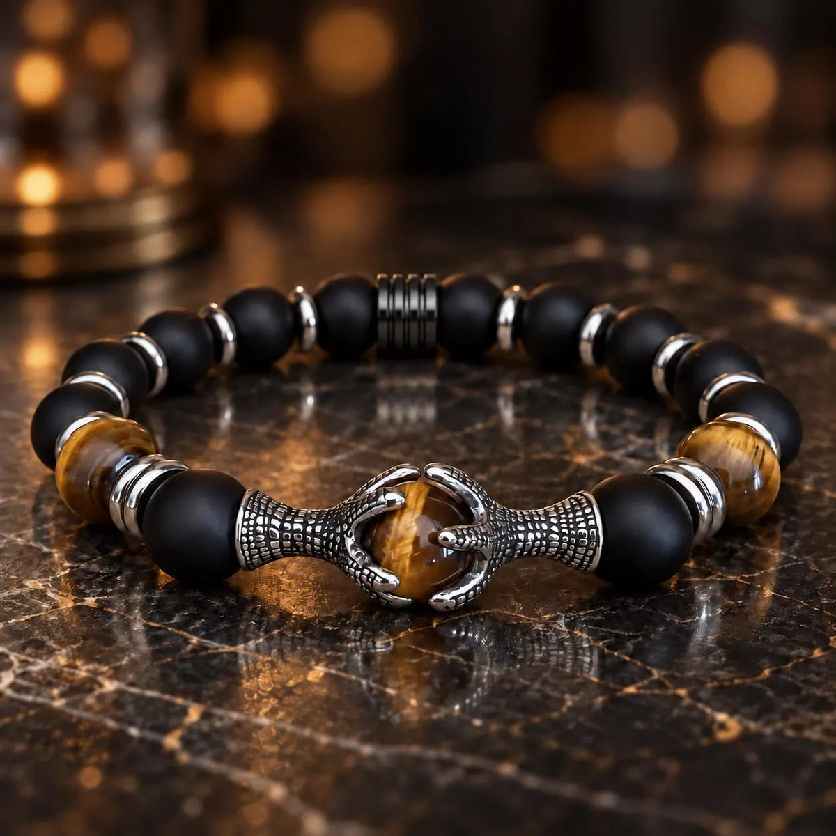 Men’s Tiger Eye & Matte Black Onyx Dragon Claw Bracelet
