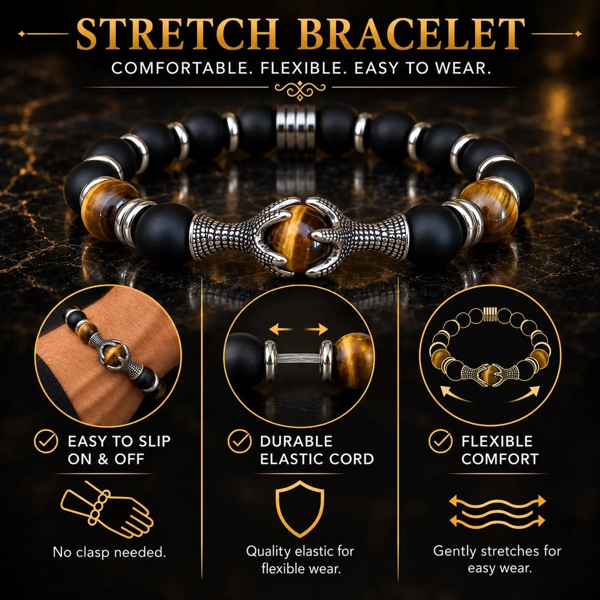 Men’s Tiger Eye & Matte Black Onyx Dragon Claw Bracelet