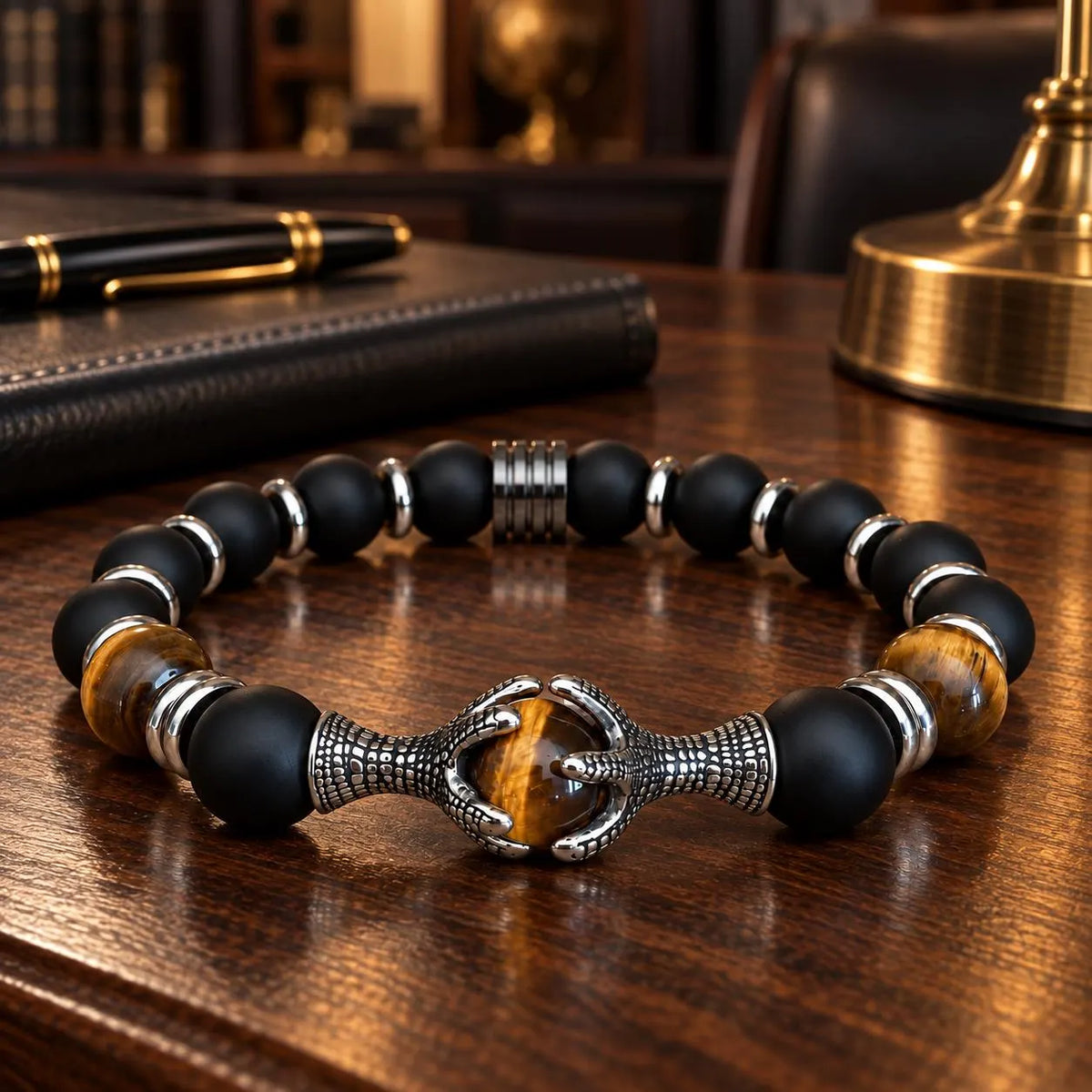 Men’s Tiger Eye & Matte Black Onyx Dragon Claw Bracelet