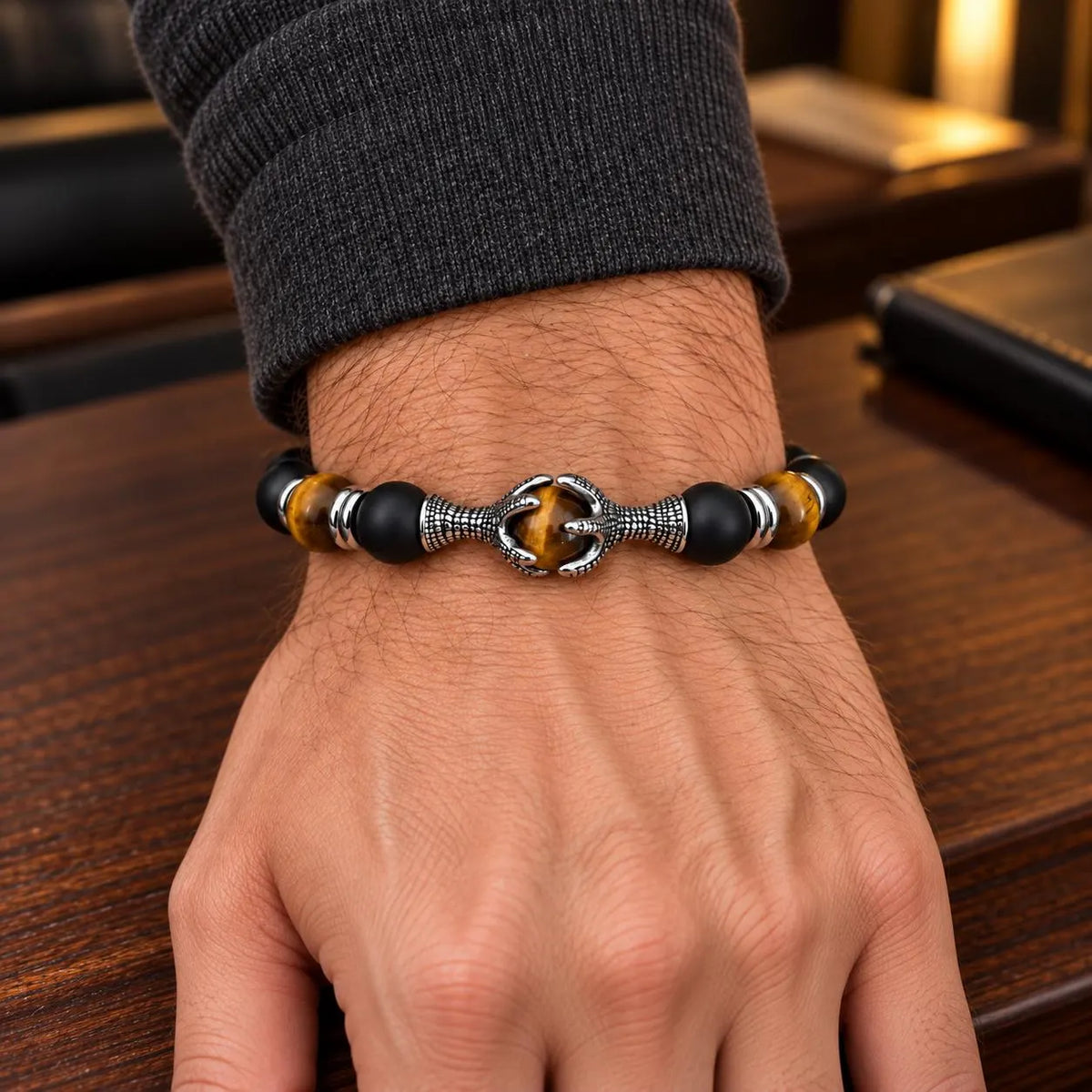 Men’s Tiger Eye & Matte Black Onyx Dragon Claw Bracelet